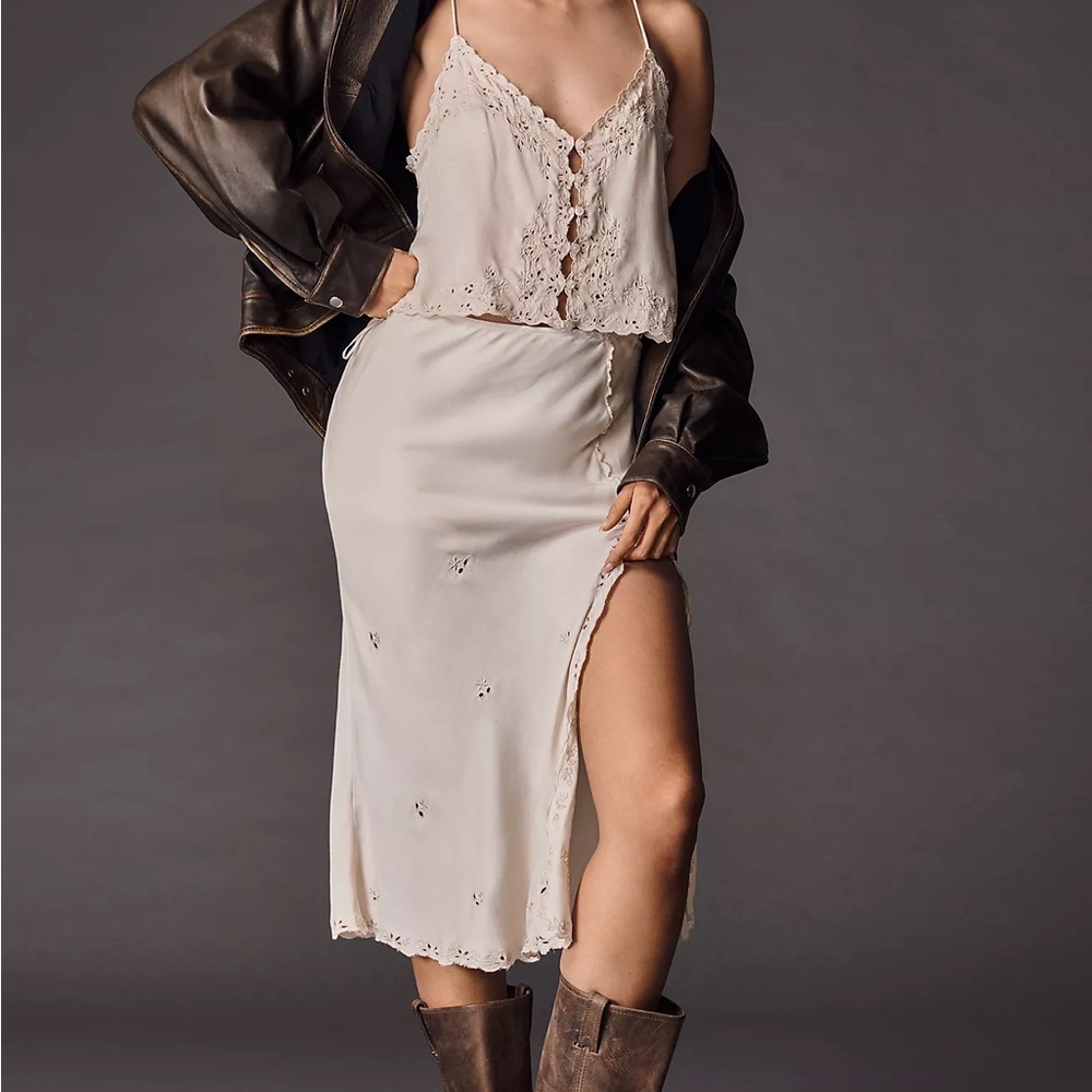 Anthropologie cream slip slit midi skirt embroidered floral lace cutout - M